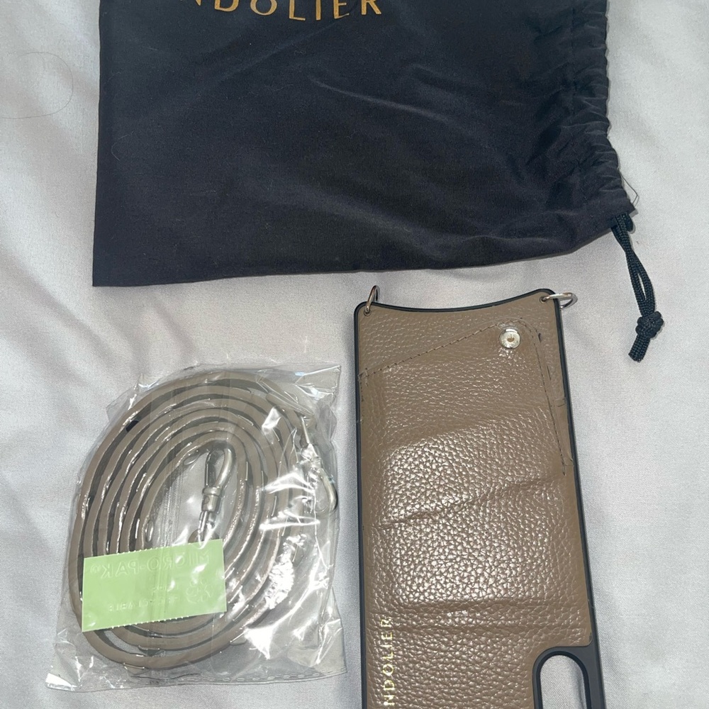 Bandolier Pebble Leather Phone Case Crossbody Strap Pouch Taupe iPhone